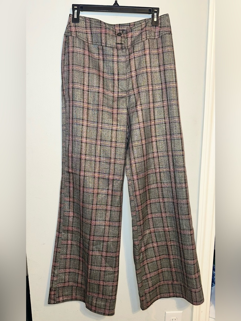 New York & Company Brown and Pink Plaid Wide Leg Trousers